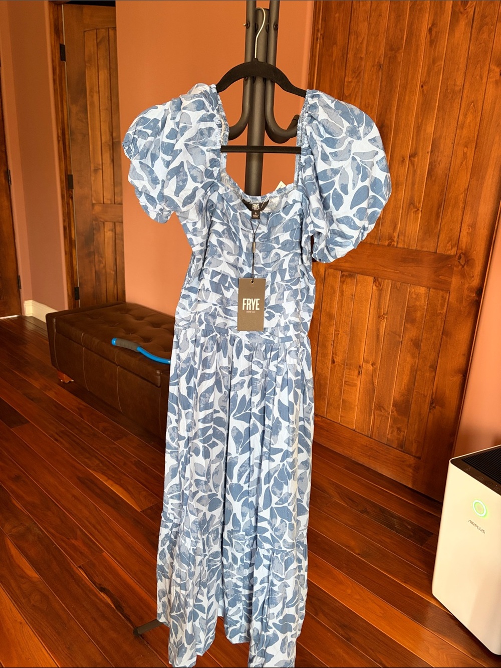 Frye Light Blue Leaf-Print Puff Sleeve Maxi Dress